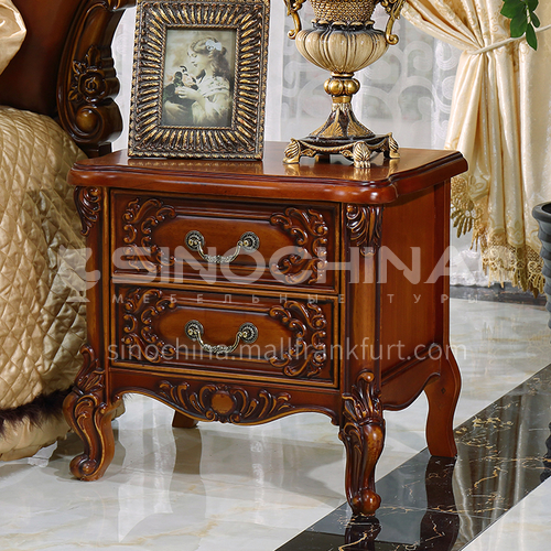 GH-1102-European classical style, Thailand imported rubber wood, hand-carved pattern, hardware handle, wooden tripod, European classical bedside table